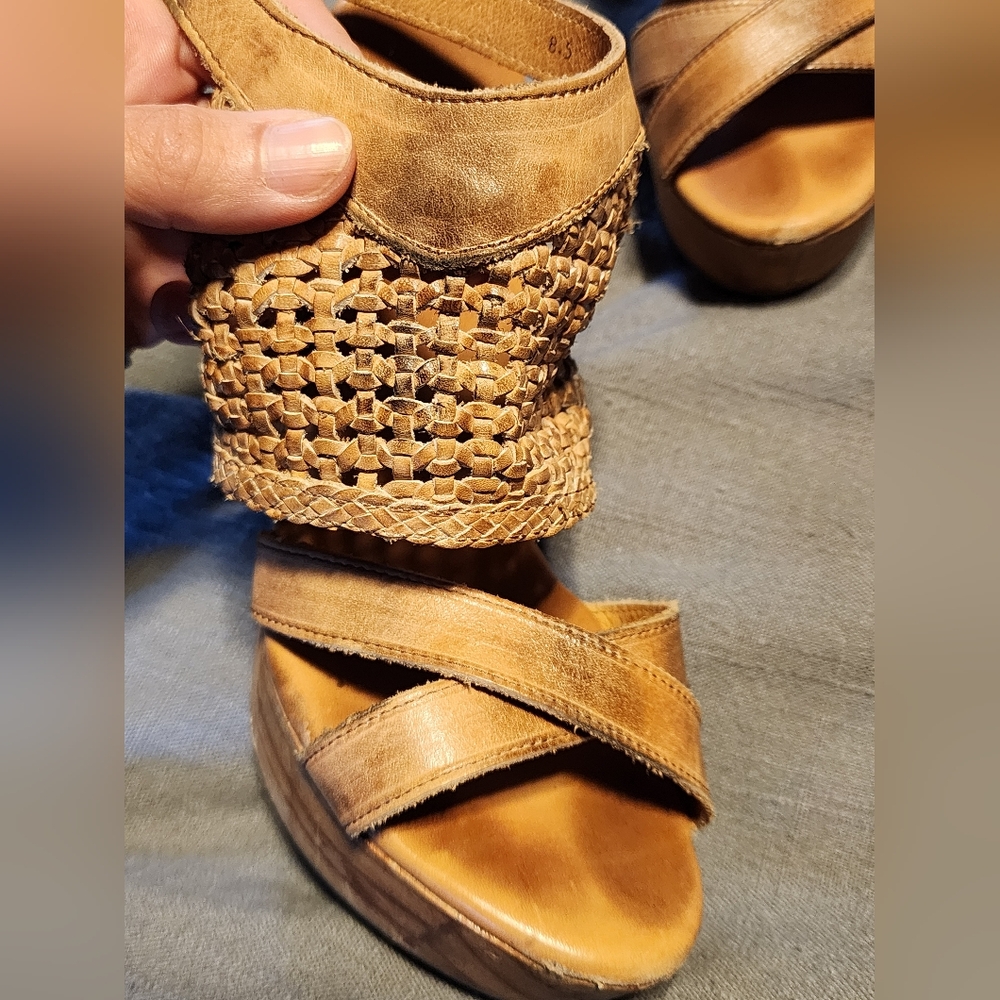 Bed Stu Tan Woven Leather Platform Wedge Sandals - Picture 5 of 6